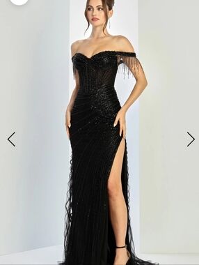 Black Beaded Evening Gown with Chain Fringe